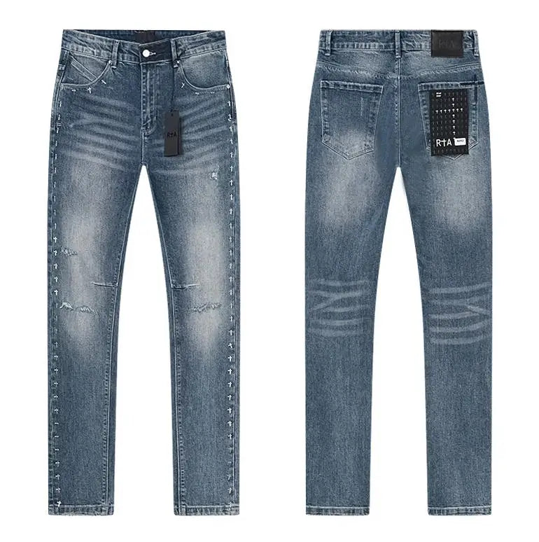 2026 summer RTA dark color Ripped Denim Pants Men Slim Fit Distressed Style Brand Logo Casual Streetwear Jeans