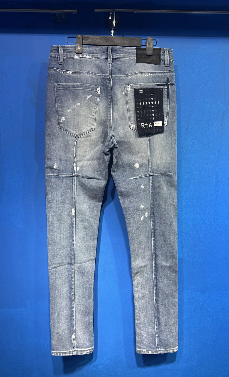 2026 summer RTA dark color Ripped Denim Pants Men Slim Fit Distressed Style Brand Logo Casual Streetwear Jeans