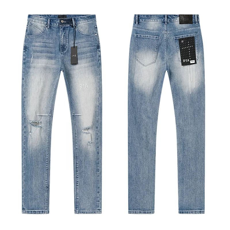 2026 summer RTA dark color Ripped Denim Pants Men Slim Fit Distressed Style Brand Logo Casual Streetwear Jeans