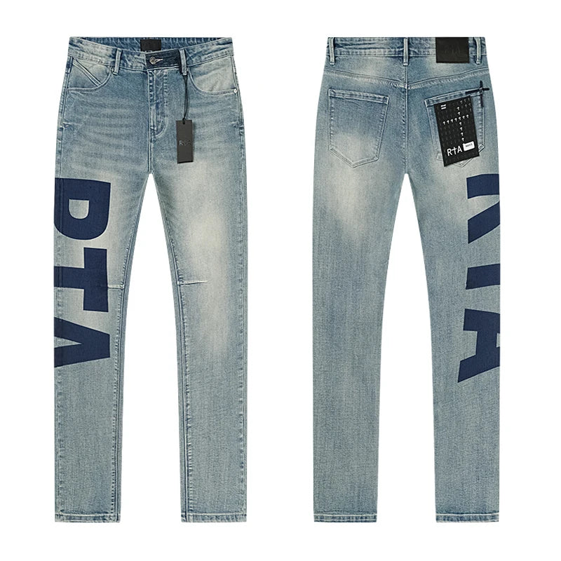 2026 summer RTA dark color Ripped Denim Pants Men Slim Fit Distressed Style Brand Logo Casual Streetwear Jeans