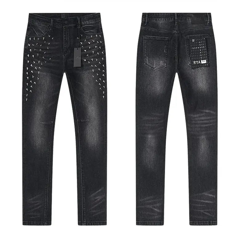 2026 summer RTA dark color Ripped Denim Pants Men Slim Fit Distressed Style Brand Logo Casual Streetwear Jeans