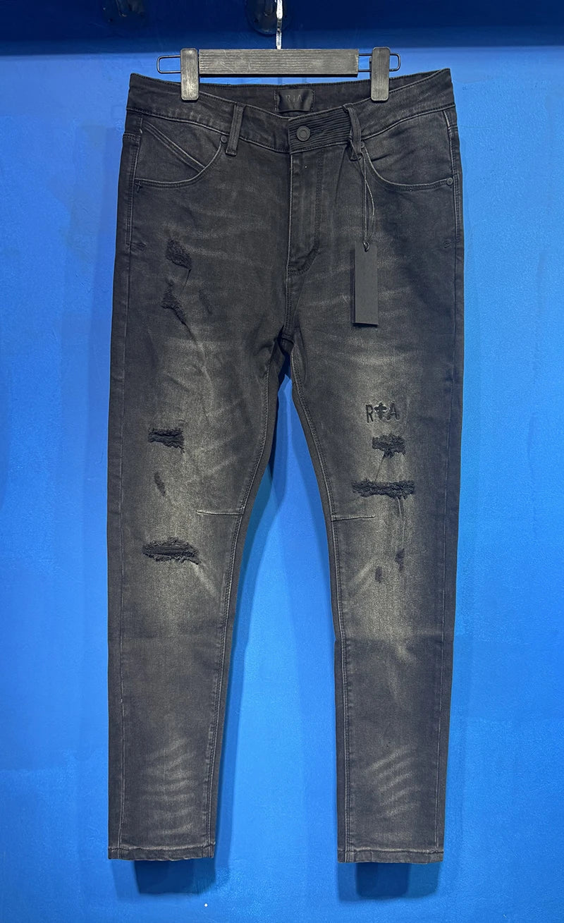 2026 summer RTA dark color Ripped Denim Pants Men Slim Fit Distressed Style Brand Logo Casual Streetwear Jeans