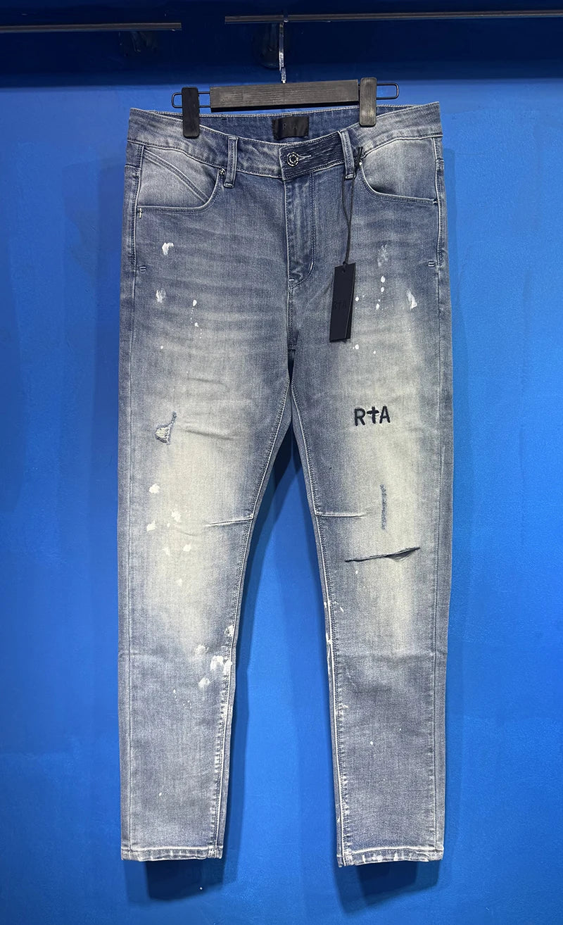 2026 summer RTA dark color Ripped Denim Pants Men Slim Fit Distressed Style Brand Logo Casual Streetwear Jeans