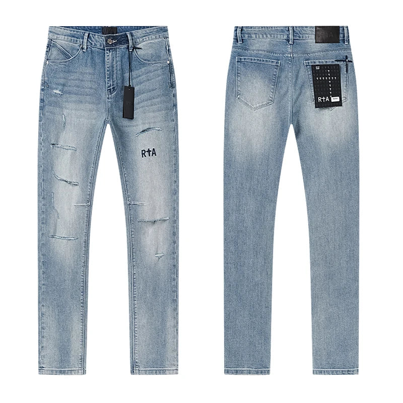 2026 summer RTA dark color Ripped Denim Pants Men Slim Fit Distressed Style Brand Logo Casual Streetwear Jeans